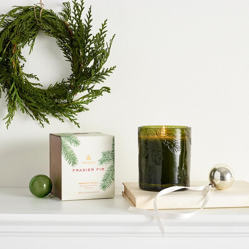 Thymes Frasier Fir Candle - Molded Green Glass Jar with Pine Needle Design - Winter Candle Gifts for Women & Men - Fresh Home Fragrance - Notes of Crisp Siberian Fir, Cedarwood & Sandalwood (6.5 oz) - Image 4